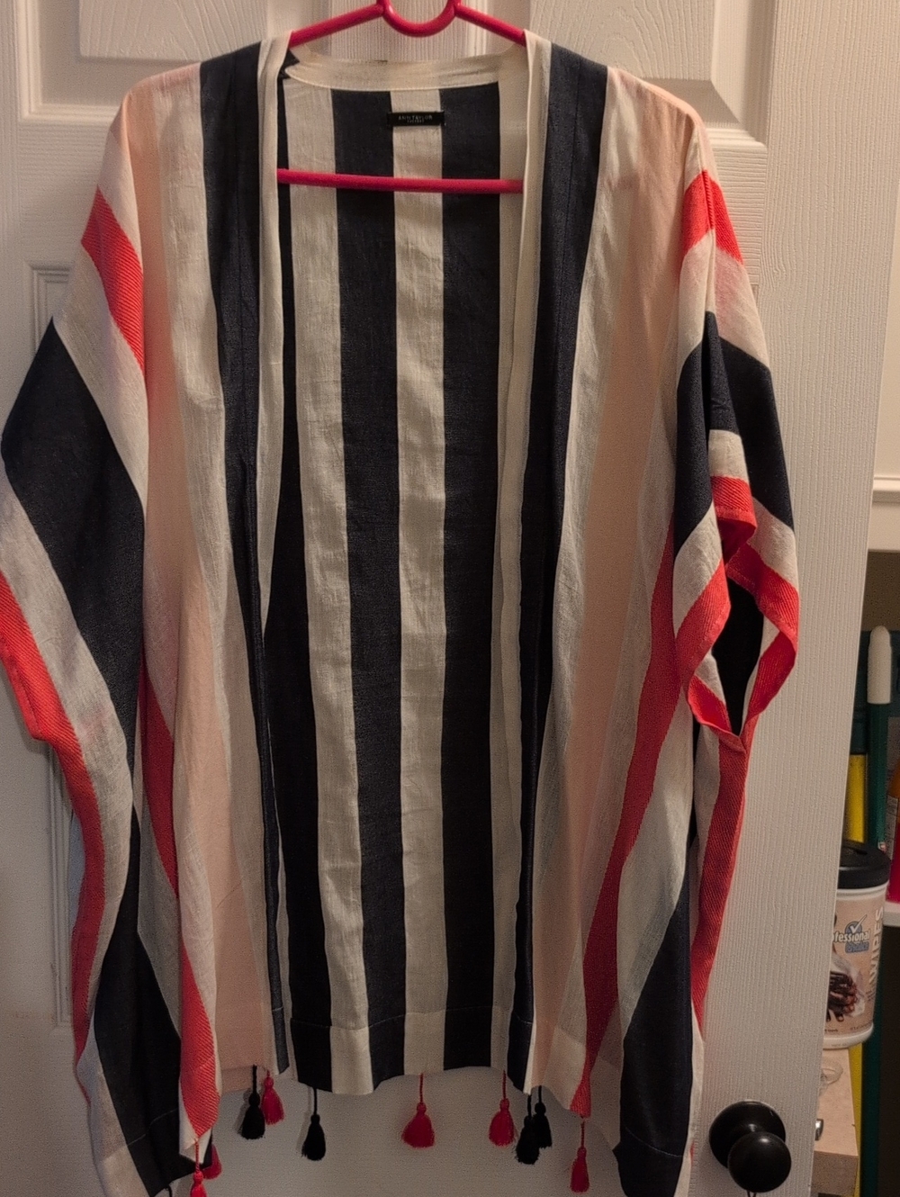 Striped Open Front Kimono - Navy, White, Pink & Beige